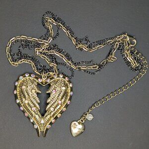 Betsey Johnson Y2K Angel Wings Gold, Black, and Rhinestone Necklace